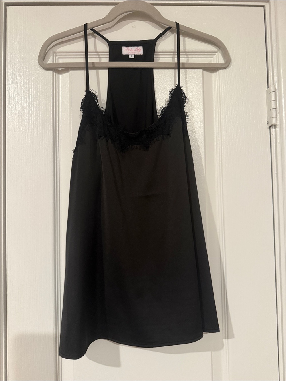 Pink Lily Black Satin Lace-Trim Slip Top